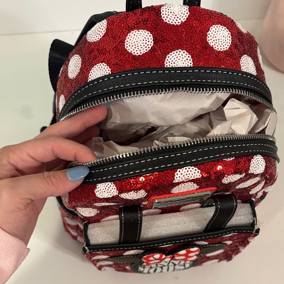 Loungefly Disney Minnie Mouse Sequin Red and White Backpack with Ear Holder - Picture 4 of 4
